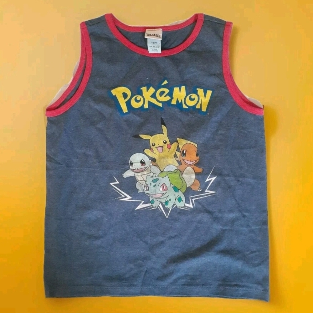 Pokemon Youth Tank Top Gray Red Trim Y2K Vintage Rare Pikachu Squirtle Size L
